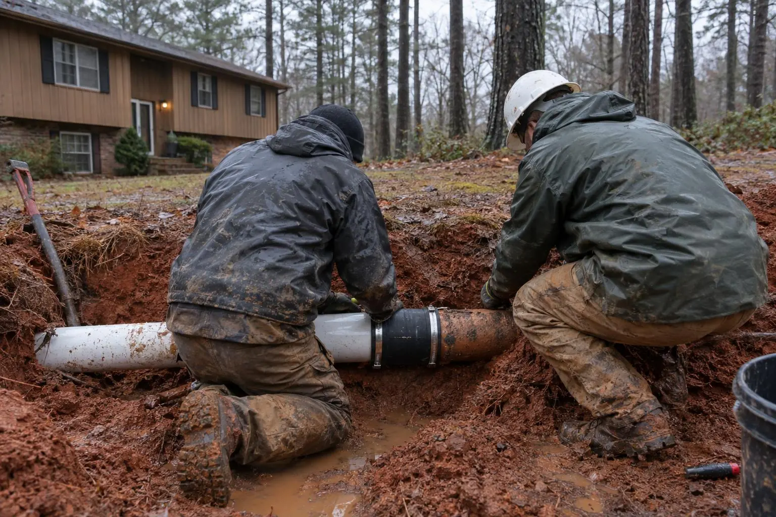 Two workers in muddy rain jackets kneeling in a trench joining white PVC pipe to old pipe with a rubber coupling