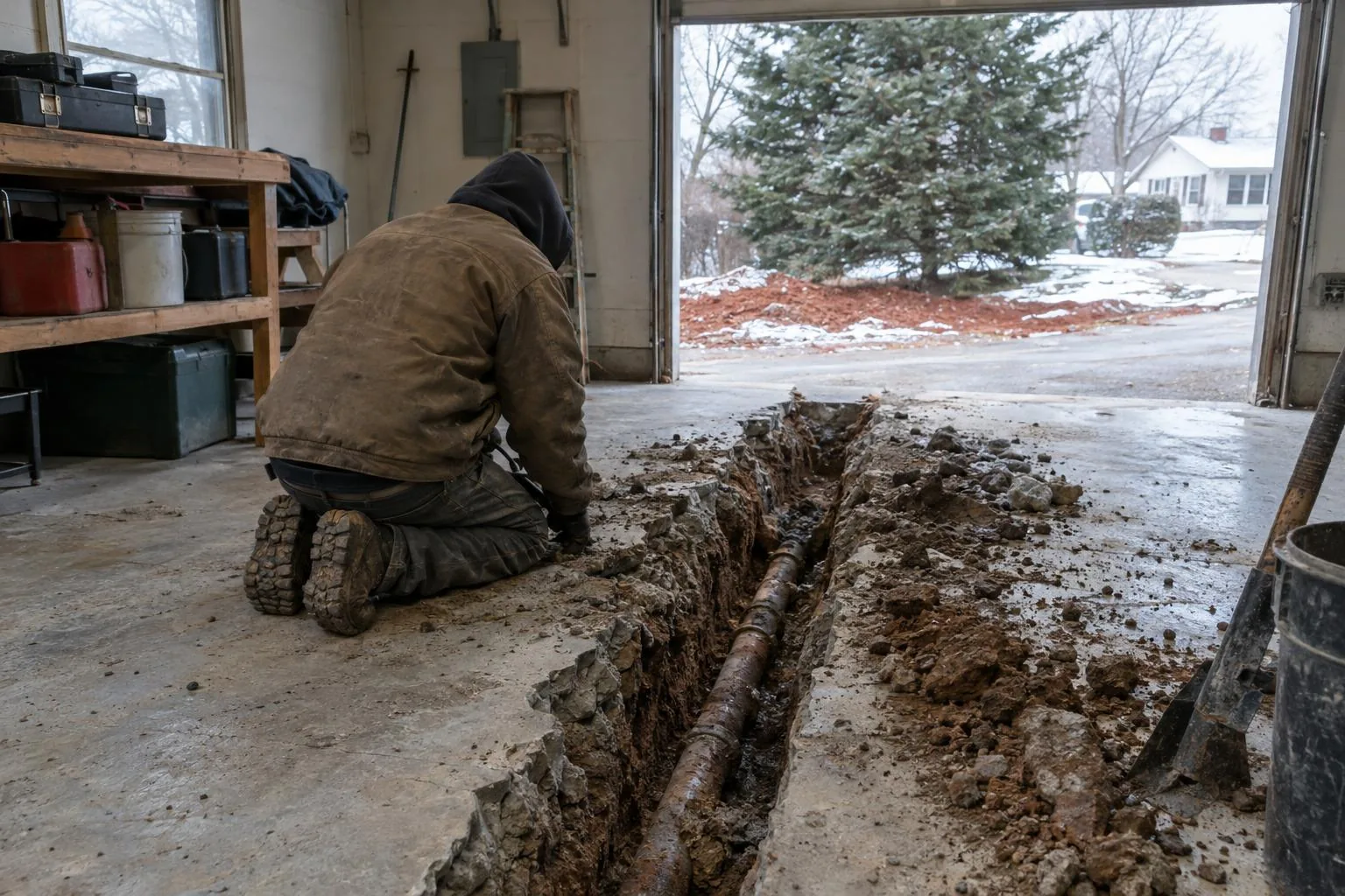 A worker kneeling beside a trench cut across a garage floor with an old pipe exposed at the bottom